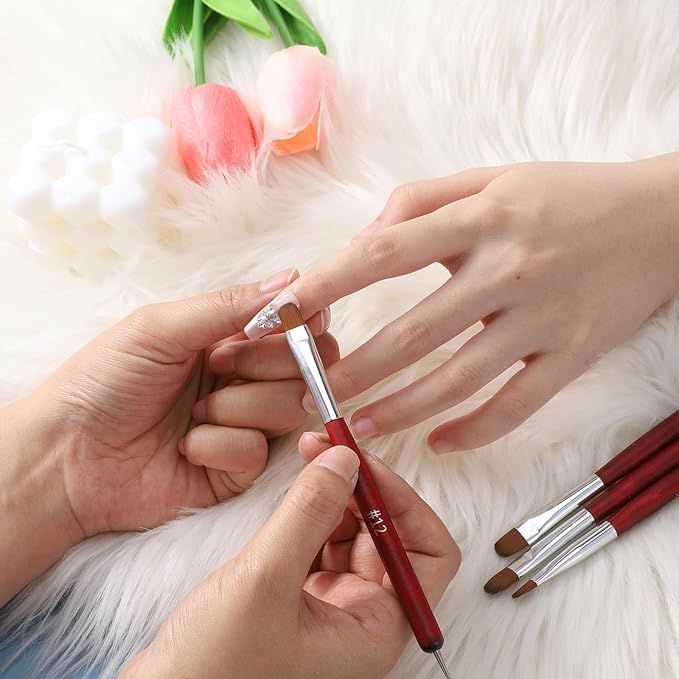 4 PCS Gel French Tip Nail Brush, 2-Way French Manicure Brush for Nails, Wooden Handle French Tip Tool, Nail Brushes for Nail Art Design Professional Manicure(10# 12# 14# 16#, Red)