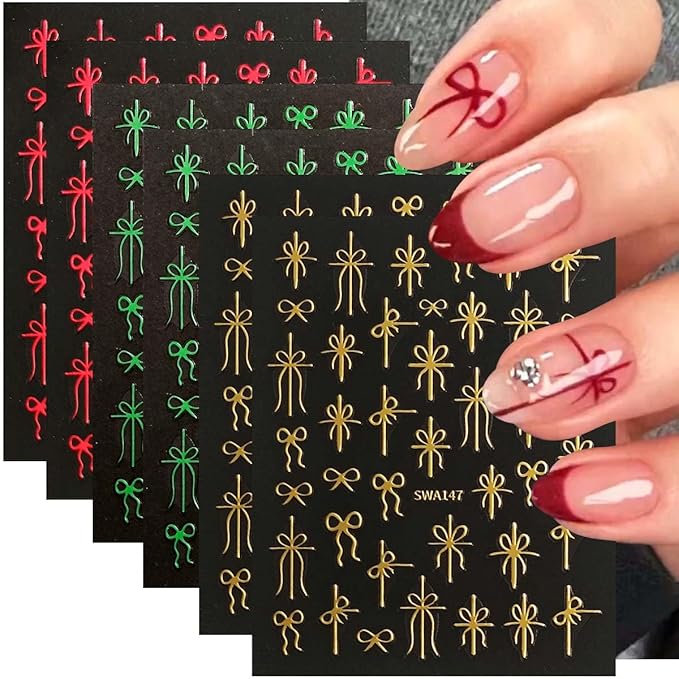 6 Sheets Bow Nail Stickers for Nail Art Christmas Nail Design Decals - Red,Green,Gold Bows Stickers for Nails,Christmas DIY Manicure Decor for Women Girls