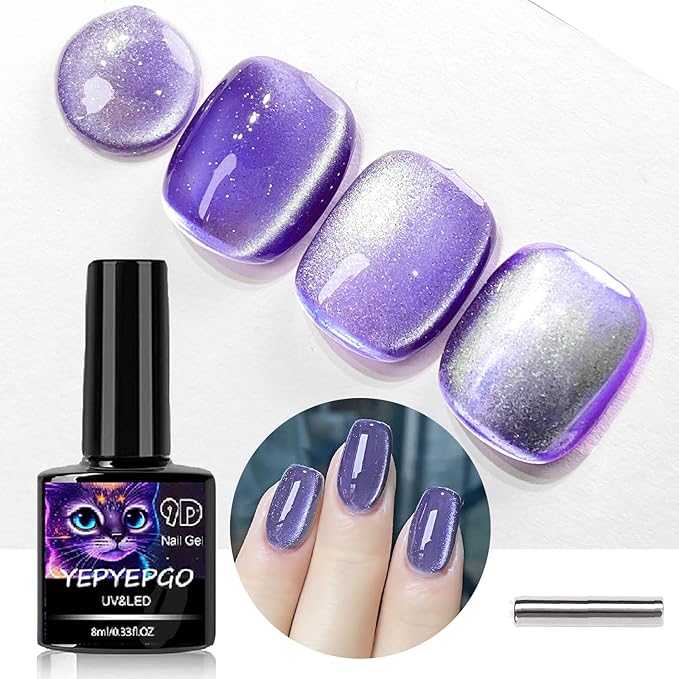 Neptune Purple Glass Cat Eye Gel Nail Polish with Magnet Stick, Blue Light Planet Cats Eye Gel Magnetic Cat Eyes Ceramic Crystal Silk Velvet Effect Sock Off Professional Use for Salon