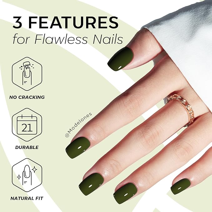 Modelones Moss Green Press on Nails, Short Square Fake Nails, Reusable Nail Kit with Nail Glue Adhesive Tabs Mini Nail File, Spring Nails Press Ons 32Pcs16 Sizes, Women Girl Gift