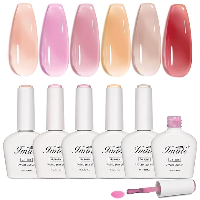 Imtiti Jelly Gel Nail Polish Set,6 Pcs 10ml Same Color Same Bottle Cap Nude Pink Gel Polish Set UV/LED Soak Off Jelly Sheer Translucent for Salon DIY at Home(10ml*6)