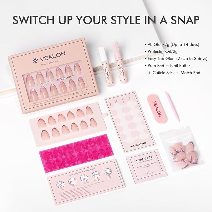 VSALON Press On Nails Short Almond, Hot Pink French Tip Glitter Nails, Salon Quality Opaque Soft Gel Fake Nails Kit - 32 PCS Stick on Nails in 16 Sizes with Glue & Cuticle Oil