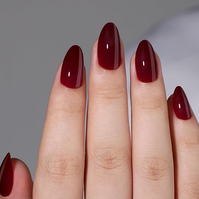 Wine Red Soft Gel Press on Nails Short Fake Nails Almond Shaped Thickened Stick on Nails Full Cover Acrylic Nails Solid Color Designs Glossy False Nails with Nails Glue for Women DIY Manicure