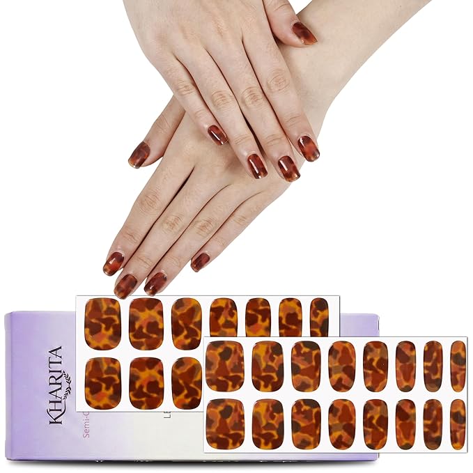 Semi Cured Gel Nail Strips – Real Gel Nail Polish Wraps for Brittle Nails | Waterproof Long Lasting Easy Peel-Off Removal | Hema-Free | Dark Brown Pattern Salon Kit with File & Stick