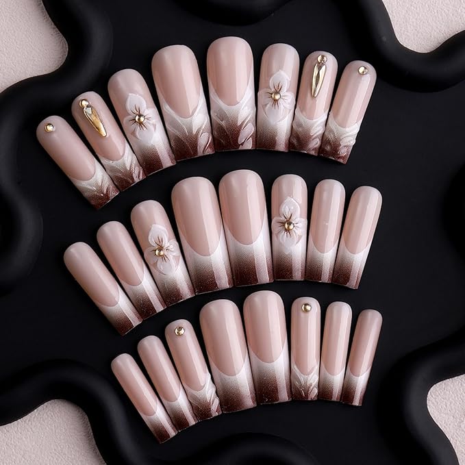 Length Square Press on Nails Gradient Brown Fake Nails Embossed Flowers Artificial Nail 3D Rhinestones Acrylic Stick on Nail for Women 24pcs