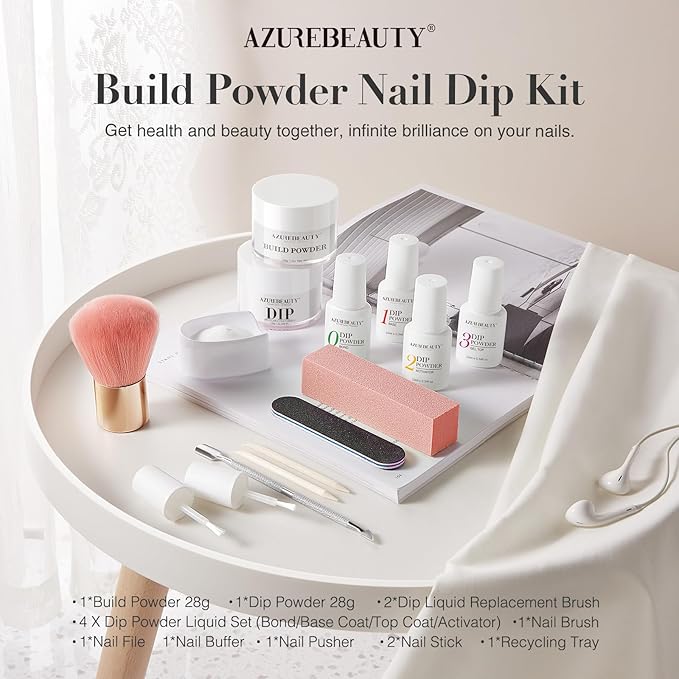 AZUREBEAUTY Clear & White Dip Powder Nail Kit, 28g/1Oz 15 Pcs Essential Dipping Build Powder with Basics Dip Powder Liquid Set Top & Base Coat Bond Activator for Beginners Nail Manicure Salon Home