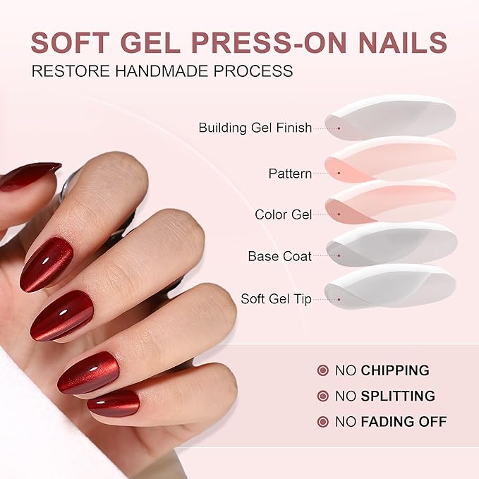 Gel Press On Nails - Almond Short Fake Nails with Glue, 16 Sizes - 32Pcs Reusable Soft Gel False Nails Tips Kit, Deep Red
