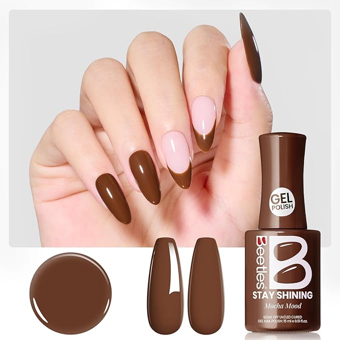 Beetles Brown Gel Nail Polish - Mocha Mood 15ML/0.51Fl Oz, Dark Brown Gel Polish, Same Color Same Bottle STAY SHINING Series, Soak Off UV LED Lamp Nails Art, Long-Lasting Manicure Salon DIY Home