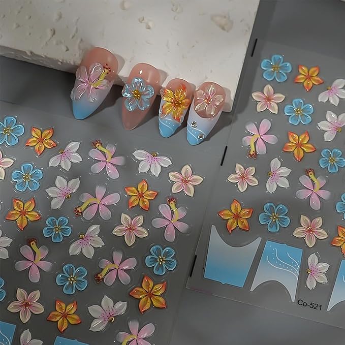 1Sheet 5D French Tip Nail Art Stickers Embossed Spring Nail Decals Colorful Camellia Lily Hibiscus Cherry Blossom Nail Design Supplies Self Adhesive Flower Nail Stickers for Women DIY Manicure