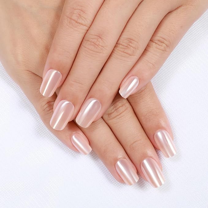 Rnker Press On Nails - Cream Color, Short Square Top gel Nails with a Glossy Glaze Finish, 15 Sizes - 30 Nail Kit with Glue