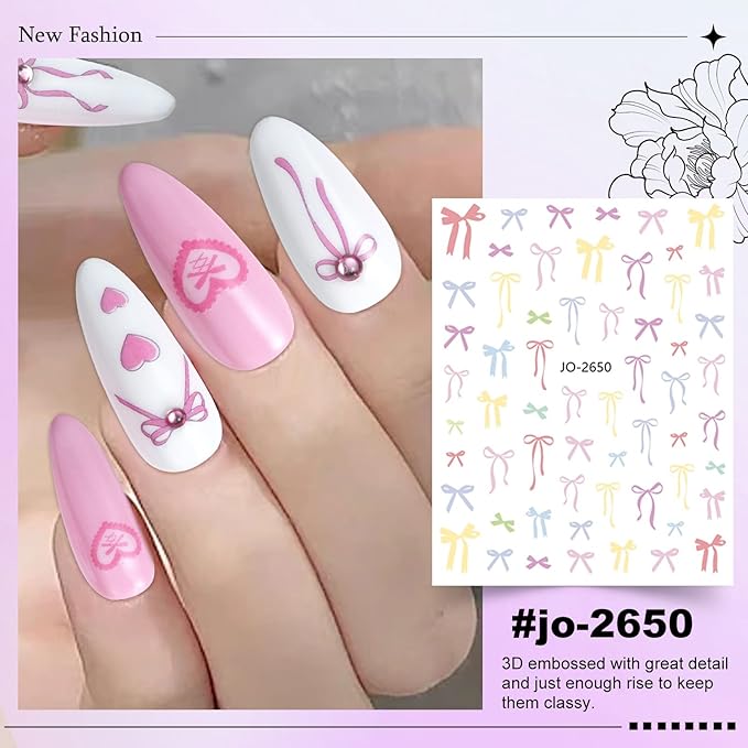 6 Sheets Bow Nail Sticker 3D Embossed Self-Adhesive Color Bow Art Nails Decals 5D Design Stickers Supplies for Women Girls Manicure Decoration 807-8