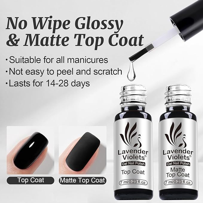 Lavender Violets 6pcs Gel Base and Top Coat Set Nail Dehydrator and Primer, 5-in-1 Builder & Pink Rubber Base Coat, Matte & No-Wipe Top Coat Long-Lasting Manicure Essential Kit for Home DIY C200