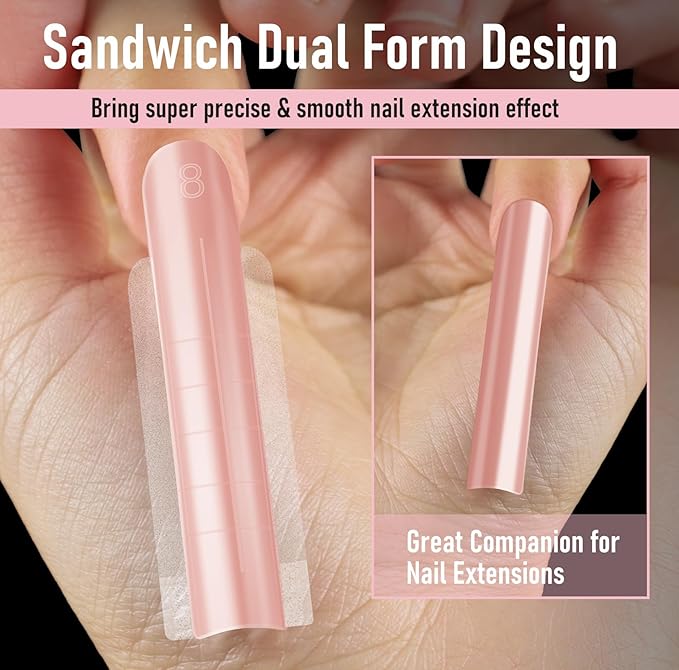 Sandwich Dual Nail Forms, XXL Straight Square (Sculpted) Poly Gel Nail Extensions Nails Mold, Quick Polygel Extensions Salon Nail Art Tools, 15 Sizes 150 Pieces