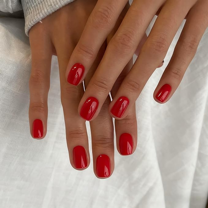 Red Press on Nails Short Square, Natural Short Gel Nails Glue on Acrylic Nails Press ons, 48Pcs Thick Reusable Fake Nails for Women, Short Coffin Artificial Nails New Solid Color Square Nails