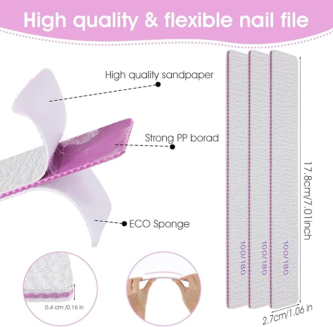 100/180 Grit Nail Files, 100 Pcs Double Sided Emery Boards, Professional Reusable Washable Manicure Tools for Acrylic, Gel, Natural Nails, Home and Salon Use, Grey