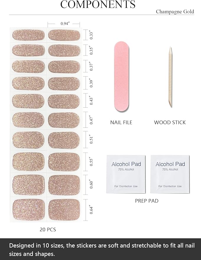 Semi Cured Gel Nail Strips (Champagne Gold Glitter), Sparkle Finish, 20 Pcs Gel Nail Wraps, Stickers, Salon Quality, Long Lasting, Works with Any UV Lamps