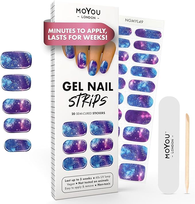 MOYOU LONDON Semi Cured Gel Nail Strips - 20 Pcs. Waterproof Gel Nail Wraps, Cures in Sunlight or UV/LED Lamp, Lasts Up to 2+ Weeks, Stretchable, Easy to Apply & Remove, Vegan & Cruelty-Free