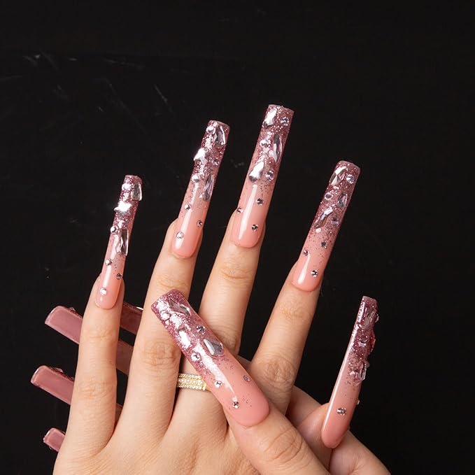 LOVFUL Press on Nails Pink Glitter | Handmade with Full Covered Crystals | Reusable Fake Nails | Square Long 2.2 in | H60-S