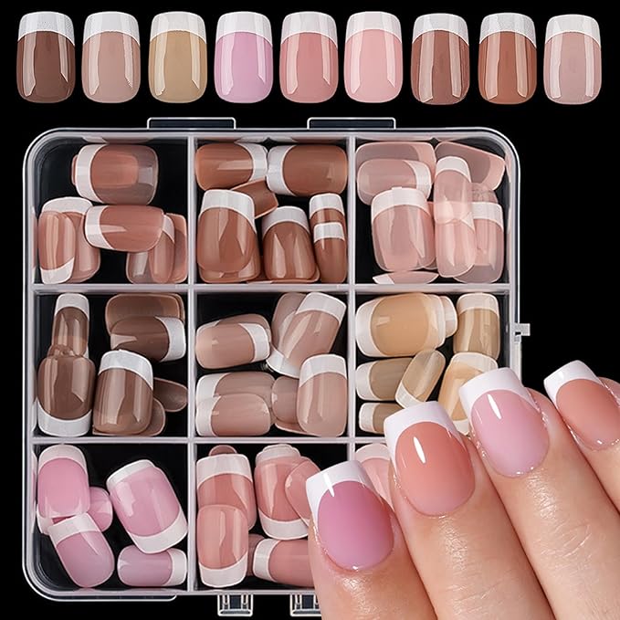 216Pcs Short Press on Nails Square Fake Nails White French Tip False Nails Kit Square Soft Gel Nail Tips Nude Acrylic Nails Art for Women Manicure 9 Colors