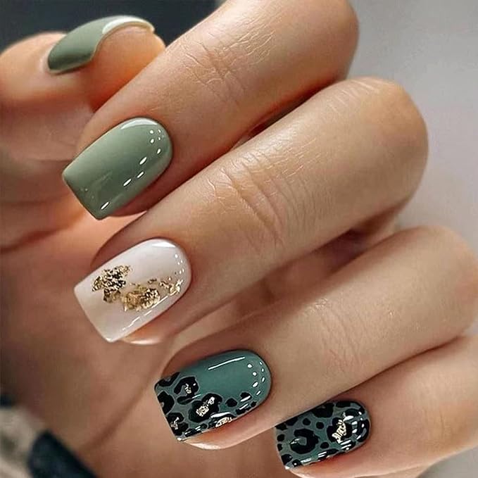 Green Press on Nails Short Square Fake Nails with Design Leopard Print Gold Foil Glue on Nails Full Cover Glossy Acrylic Stick on Nails Cute Artificial False Nails for Women Nail Art Decoration 24Pcs