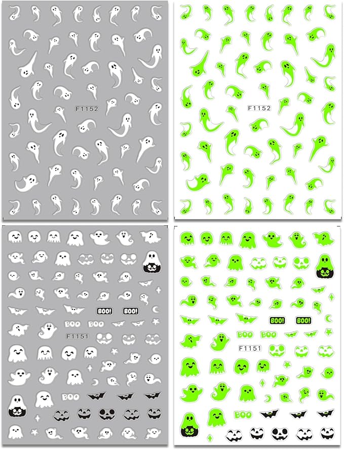 Luminous Halloween Nail Art Stickers Decals Cute White Ghost Nails Stickers Skeleton Spider Web Nails Decals Self-Adhesive Glow in The Dark Nail Art Decal for Women Halloween Decor