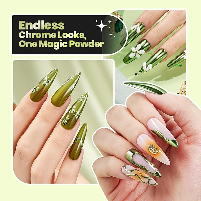 Beetles Green Chrome Nail Powder Metallic Mirror Effect Chrome Powder for Nails Gel Polish Green DIY Decoration Nail Manicure Nails Art Design Gift for Women