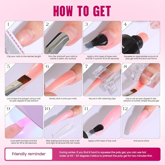 Poly Gel Nail Kit for Beginners: 14 Color Professional Gel Nail Extension Set with Slip Solution U V Lamp for DIY at Home Salon