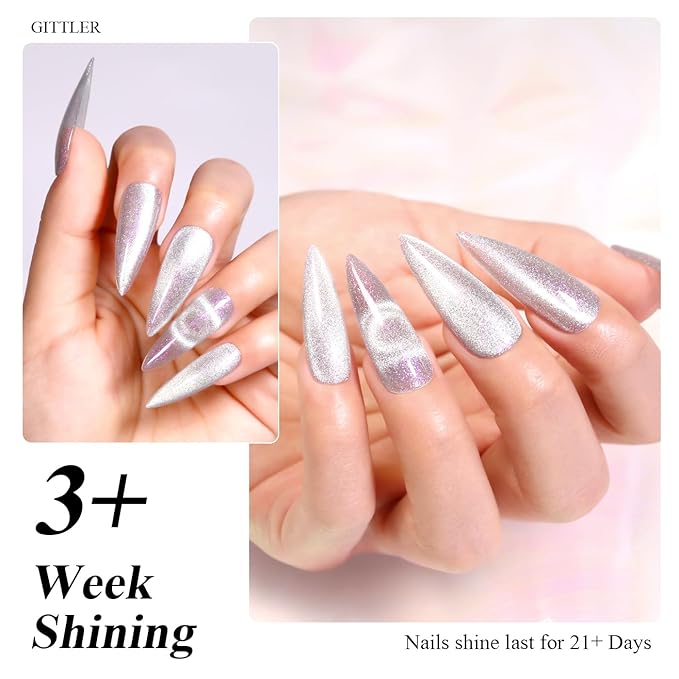 Imtiti Cat Eye Gel Nail Polish, 15ML Silver Holographic Glitter Cat Eye Gel Polish with Magnet UV LED Magnetic Crystal Galaxy Sparkly Home DIY Manicure
