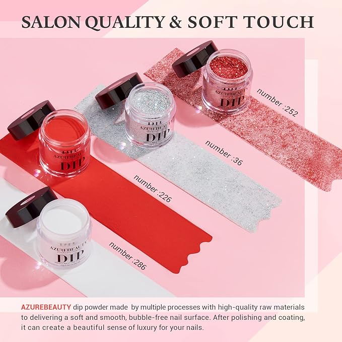 AZUREBEAUTY Dip Powder Nail Kit Berry Red Silver Glitter, 4 Colors Dipping Powder Set, French Nail Art Base Top Coat Activator Essential Liquid Manicure No Lamp Needed Salon