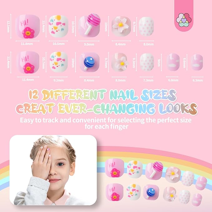 SAVILAND 3D Press on Nails for Kids: 7 Pack Kids Press on Nails for 5-9 Years Pre Glue Full Cover Short Kid Fake Nails Stick On Children Artificial False Nail Tips Fingernails Christmas Gifts for Kid