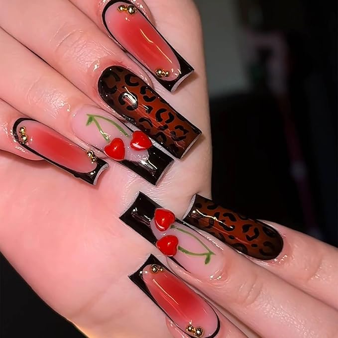 24Pcs Long Square Press on Nails - Black French Tip, Cherry & Brown Ombre Cheetah Design | XL Glossy Full Cover Fake Nails for Women Manicure
