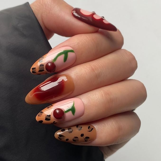 Handmade Press on Nails Brown French Medium Almond Fake Nails with Cherry Rhinestone Design Spring Summer False Nails Luxury Gradient Stick on Nail Muti-Layer Gel Acrylic Nail for Women (Size M)