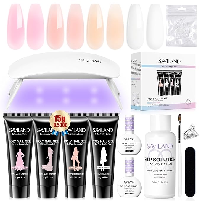 SAVILAND Hema-Free Poly Gel Nail Kit: 4 Colors Natural Clear Poli Gel Para Uñas with Mini U V/LED Lamp Slip Solution Quick Dry Nourish Nails 28 Days Durable for Gifts Daily Nail Art DIY Salon Home Use