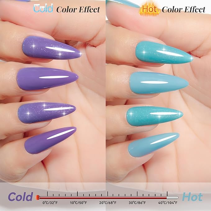 YTD Likomey Color Changing Gel Nail Polish 2 Pcs Set,15ml Tiffany Blue To Purple Pure Color and Glitter Kit,Thermal Ombre Change Colors Salon Manicure UV Nail Varnish,WB2-8