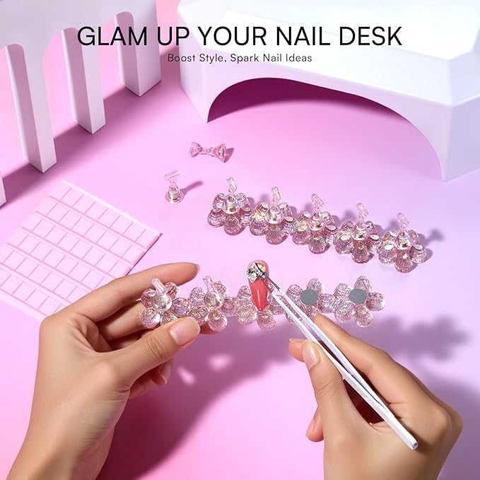 Makartt Nail Stand: Pink Nail Holder for Painting Nails DIY, Magnetic Press on Stand for Art Display Practice, Pink Glitter Flower Fake Holder for Home Salon with Reusable Adhesive Putty