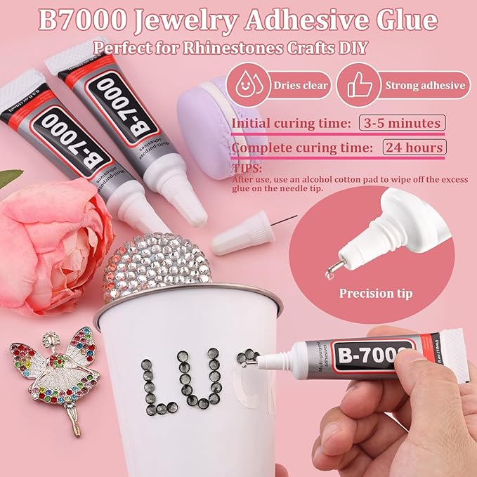 3000PCS SS8/2.5mm Crystal Rhinestones (Black Diamond) with 2Pcs 10ml B7000 Jewelry Glue, Bedazzling Flatback Glass Rhinestones for Crafting, Gems Diomand Charm for Tumbler Shoes Clothing Mugs Nail Art