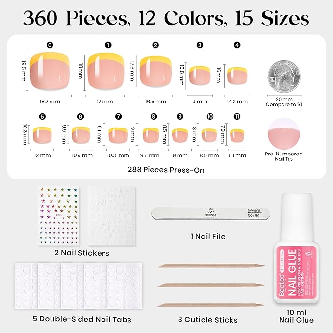 Beetles Press On ToeNails Kit - Glitz Spectrum | 288Pcs 12 Colors Short Square Press On Nails | 15 Sizes French Glossy Glitter With Nail Glue & Nail Tabs Stickers, Fake Nails Kit Art For Women