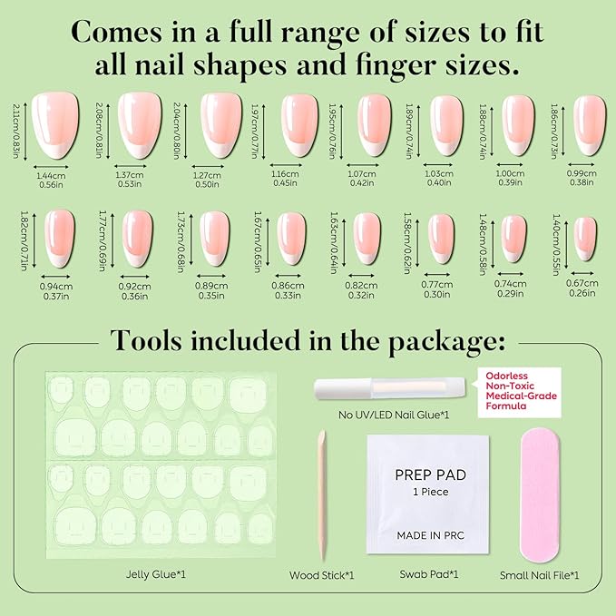 Luxbon Durable Short Almond Press On False Nails Acrylic with No-Cure Nail Glue and Tool Kit – French Manicure Soft Gel Tips 25-30pcs Full Size Set, Reusable Fake Nails for Women, Chrome White