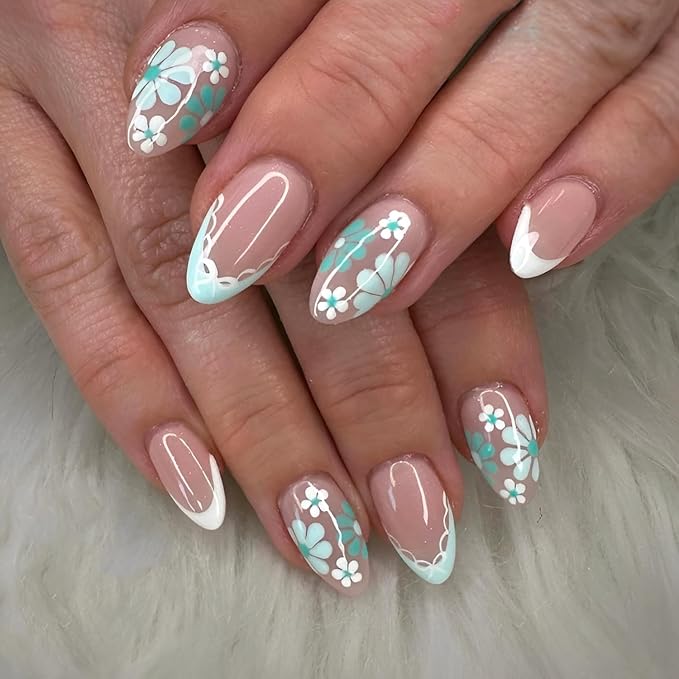 Flower Press on Nails Medium Almond Fake Nails French Tip Nails Press Ons Green Flower False Nails Glossy Full Cover Glue on Nail Summer Spring Stick on Nail for Women Decorations 24Pcs