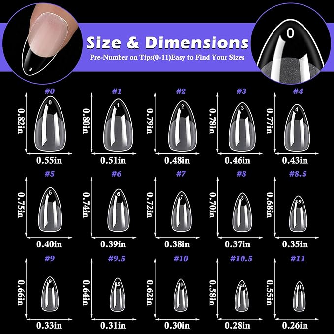 LoveOurHome 600pc Short Almond Nail Tips Clear Fake Nails Short Almond Gel Nail Tips Full Cover Acrylic Nails Clear Press on Nails XS Stiletto False Nail 15 Sizes Fingernail for Gel Nail Extension
