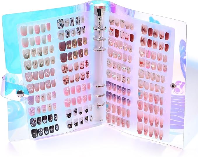KADS Holographic Press-On Nails Organizer Book - 2 Double-Sided Storage Pages with Adhesive Backing, Includes 60 Pre-Cut & 1 Roll 300cm Double-Sided Tape for Nail Artists & DIY Enthusiasts