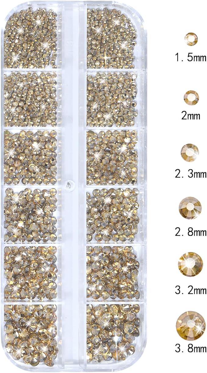 Nail Rhinestones - 3D Multi Shape Size, Flat Back, Manicure Rhinestones Charms, Champagne Gold Gems, with Kit, for Nail Art, Bedazzling Acrylic Nails, DIY Decor
