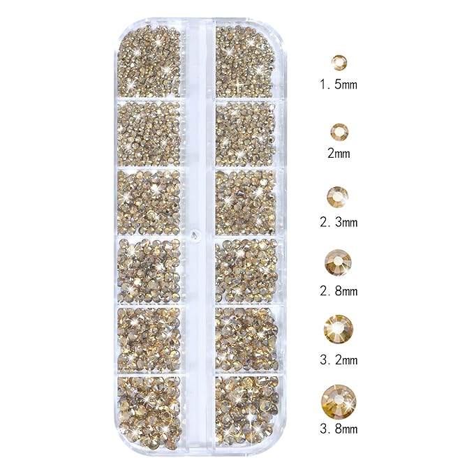 HNUIX Nail Rhinestones - 3D Multi Shape Size Crystal, Champagne Gold Nail Gems, Flat Back, with Kit, for Nail Art, DIY Decorations