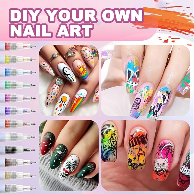 Nail Art Pens Set, 12 Color 0.5 MM Nail Art Markers Nail Polish Pens Drawing Painting Point Liner Painted Kit, Waterproof and Quick-drying Nail for DIY Design Manicure Tools