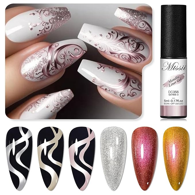 MTSSII Liner Metallic Gel Nail Polish, Mirror Metallic Silvery Golden Platinum Glitter Painting Liner Gel Polish for Cyber Punk French Acrylic Nail Painted Drawing Nail Design