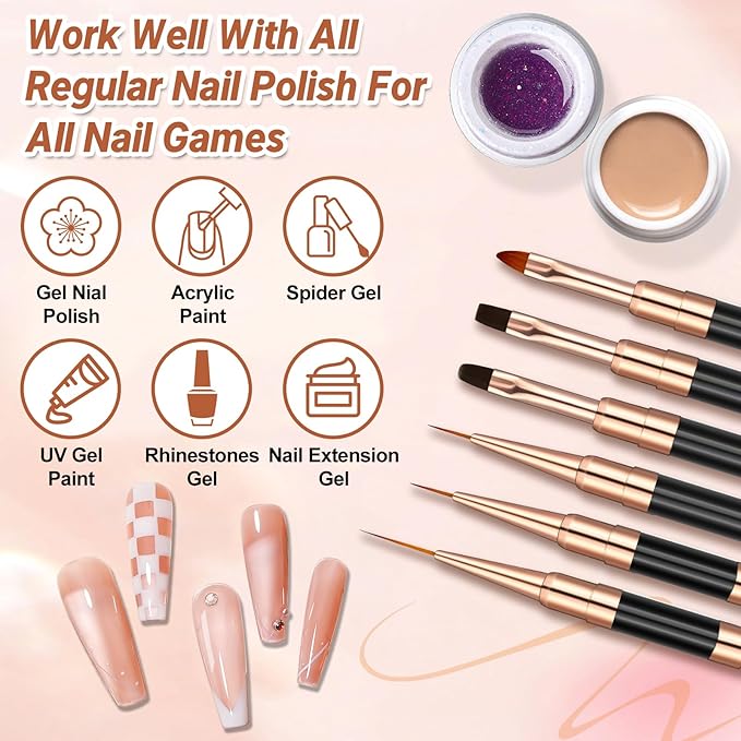 Double-Ended Acrylic Nail Art Liner Brushes, 6Pcs Gel Polish Nail Art Design Pen Painting Tools Set For Nails, Dotting Drawing Tool Polygel Brush for Long Lines, Thin Details, Fine Drawing (Black)