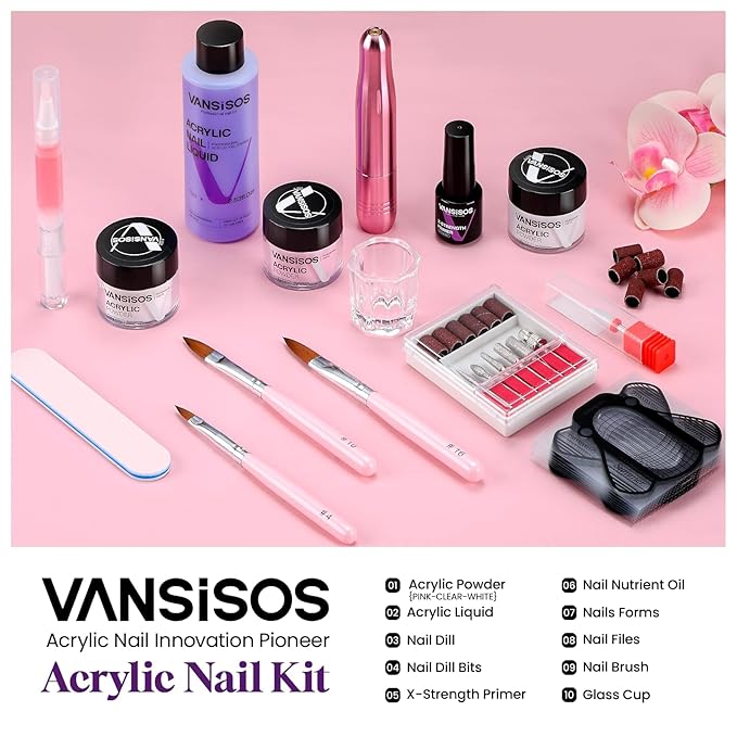 Acrylic Nail Kit with Drill: Complete Set with Everything for Beginners and Women at Home Salon - Including Clear White Pink Acrylic Powder and Liquid and Brushes for Extensions