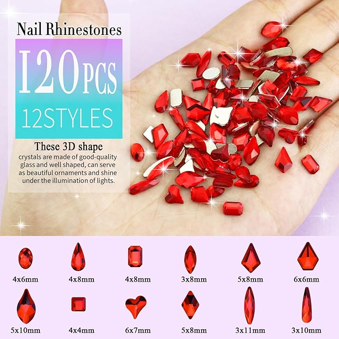 Dowarm 3200PCS Nail Art Rhinestones, Red/Siam Flatback Rhinestones for Nails, Crafts, 12 Styles 3D Glass Crystal Nail Gems