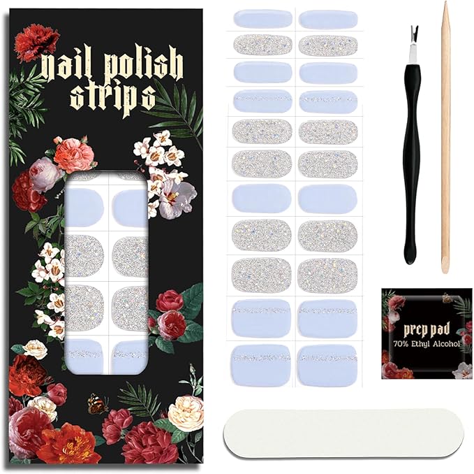 Nail Polish Strips (No UV Lamp Needed) - 22 Pcs Salon Quality Gel Nail Stickers - Long Lasting Wraps (Sky Sparkle Blue)