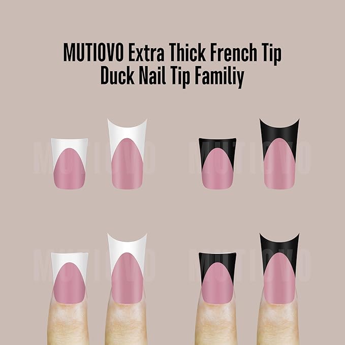 White French Tip Duck Feet Nail Tips Full Cover for Press on Acrylic with Moon Curve, BERRY PINK Extra Thick Medim Long, Flare Wide Soft Gel Fake False Nail Extension x 15 Sizes 150 pcs